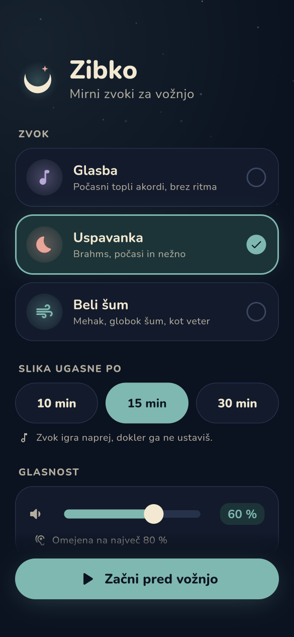 Zibko pred vožnjo: izbira zvoka (glasba, uspavanka, beli šum), čas, po katerem slika ugasne, in glasnost, omejena na 80&nbsp;%